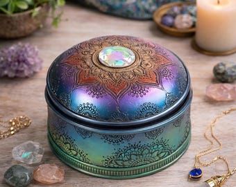 Mandala prydnadsask med skimrande ädelsten | Boho förvaringsask | Smyckes- och kristallhållare | Spirituell dekoration | Meditationgåva