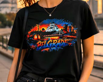 Belgrade Cityscape T-Shirt, Serbia Travel Graphic Tee, Sunset Landmarks Print