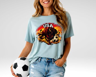 USA Bison Soccer T-Shirt, American Spirit Graphic Tee, Heather Dusty Blue