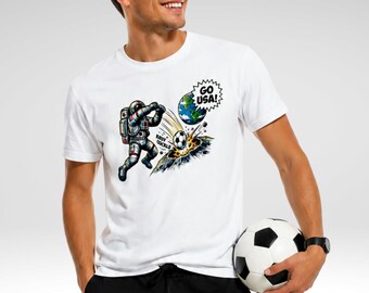 Astronaut Kicking Soccer Ball Shirt, USA Moon Landing Graphic Tee. USA T-Shirt Gift