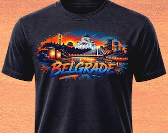 Belgrade Cityscape T-Shirt, Serbia Travel Graphic Tee, Sunset Landmarks Print