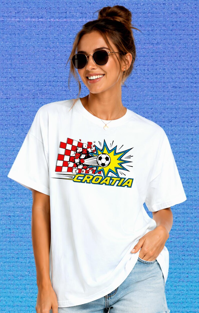 Puede incluir: Una camiseta blanca de manga corta con un estampado gr&aacute;fico de un bal&oacute;n de f&uacute;tbol atravesando un muro a cuadros rojos y blancos. El dise&ntilde;o incluye un efecto de estrella amarillo y azul y la palabra CROATIA en letras amarillas.