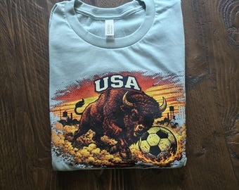 USA Bison Soccer T-Shirt, American Spirit Graphic Tee, Heather Dusty Blue