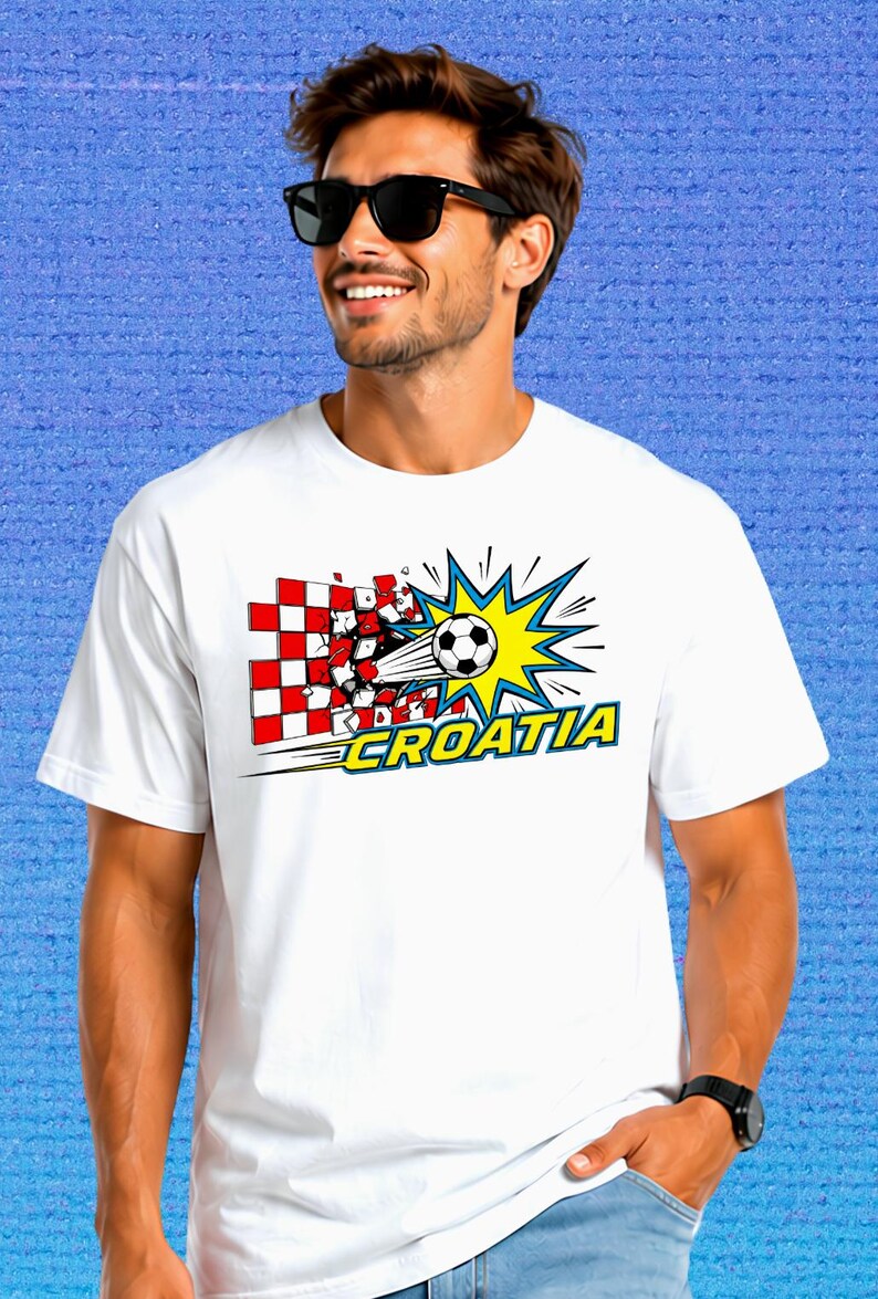Puede incluir: Una camiseta blanca de manga corta con un estampado gr&aacute;fico de un bal&oacute;n de f&uacute;tbol atravesando una pared de cuadros rojos y blancos. El dise&ntilde;o incluye un efecto de estallido amarillo y la palabra CROATIA en letras amarillas con bordes azules.