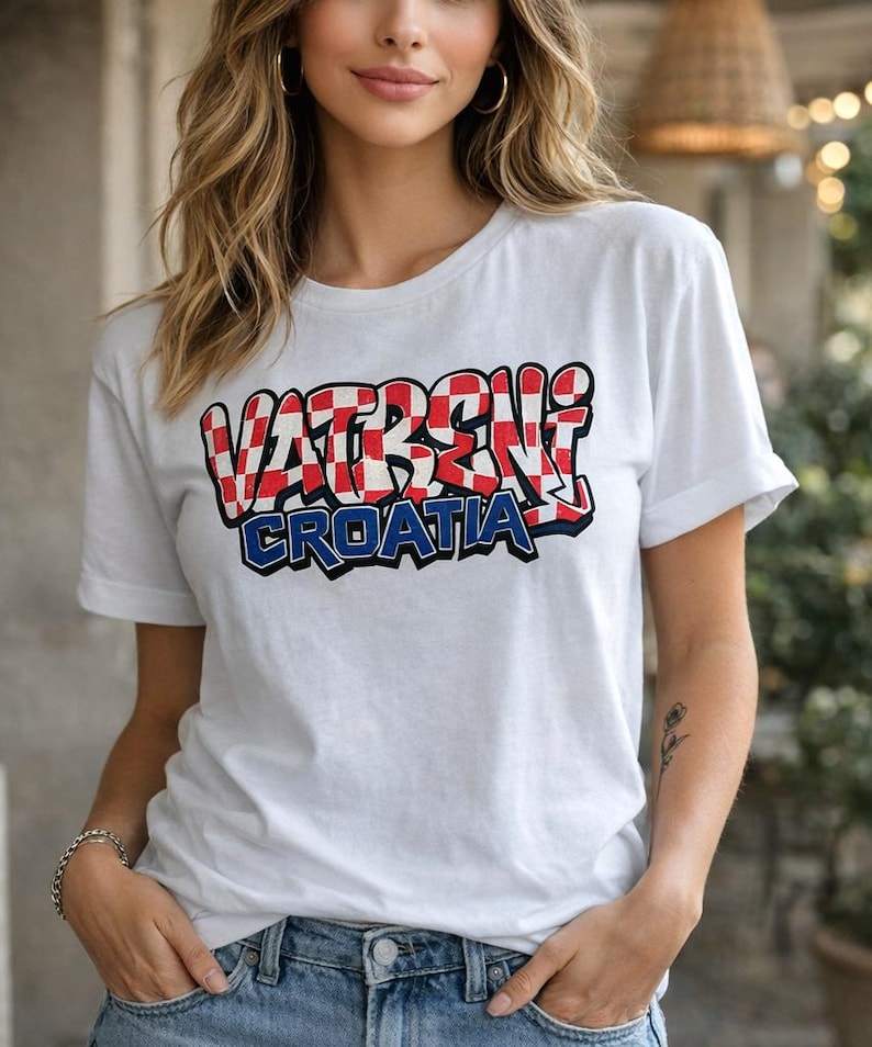 May include: White t-shirt with the text "VATRENI CROATIA" in a red, white, and blue design. The text is in a graffiti-style font. The shirt has short sleeves and a crew neck.