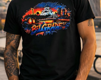 Belgrade Cityscape T-Shirt, Serbia Travel Graphic Tee, Sunset Landmarks Print
