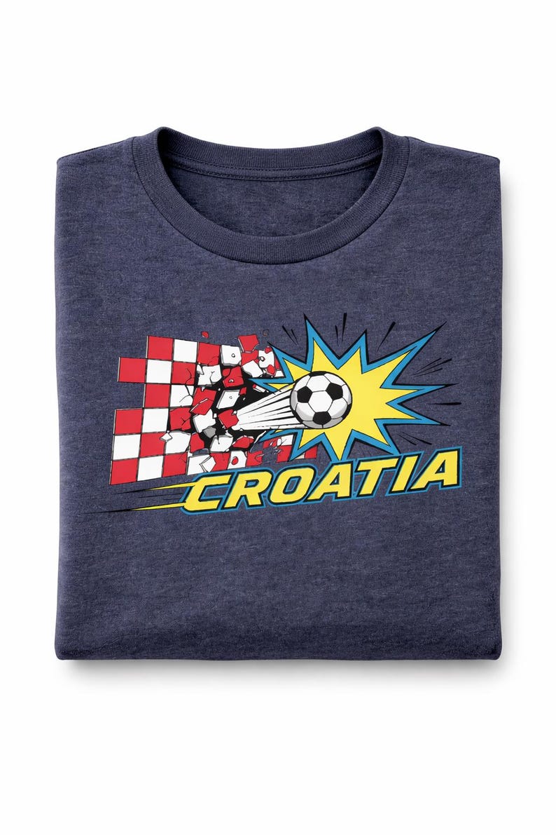 Op de afbeelding: Marineblauw sweatshirt met een afbeelding van een voetbal die door een Kroatisch vlagontwerp breekt. Het woord "CROATIA" staat in geel en blauw, met een stripboekachtige burst-effect.