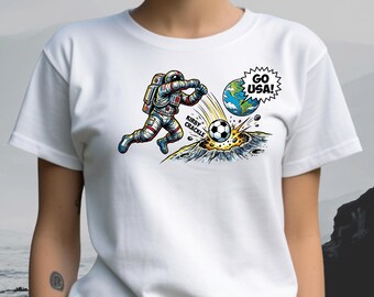 Astronaut Kicking Soccer Ball Shirt, USA Moon Landing Graphic Tee. USA T-Shirt Gift