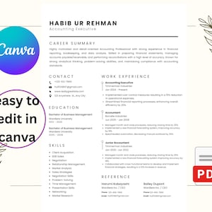 May include: A resume template in a minimalist style, featuring a professional layout with sections for contact information, work experience, and skills. The document is easily editable in Canva, with a PDF icon in the corner.