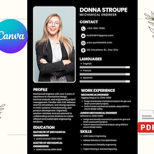 以下が含まれることがあります： 機械エンジニア、ドナ・ストループの履歴書テンプレート。このドキュメントには、顔写真、連絡先情報、職務経歴、学歴、スキルに関する詳細が記載されています。履歴書は白黒のデザインで、PDFアイコンが付いています。