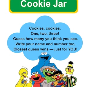 以下が含まれることがあります： セサミストリートのキャラクターが登場するカラフルな画像。上部には「123 Cookie Jar」と書かれた緑色のバナーがあります。青い雲には、クッキーの数を当てることについてのテキストが含まれています。キャラクターには、ビッグバード、エルモ、クッキーモンスター、オスカー、バート、アーニーが含まれます。