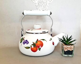 Enamel stove top kettle, white, fruit pattern, 1.5 ltrs