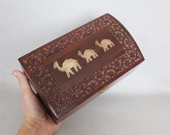 Indian carved wood box, inlaid brass camels