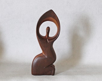 Hand carved abstract wood sculpture, kneeling figure, kneeling angel