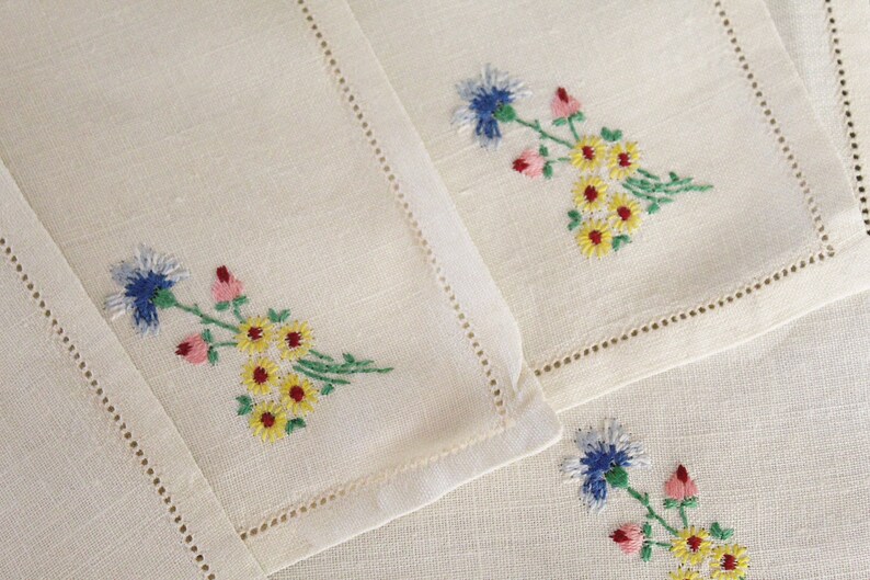 Set of four hand embroidered linen handkerchiefs image 3