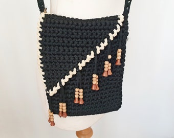 Black crochet beaded cross body bag