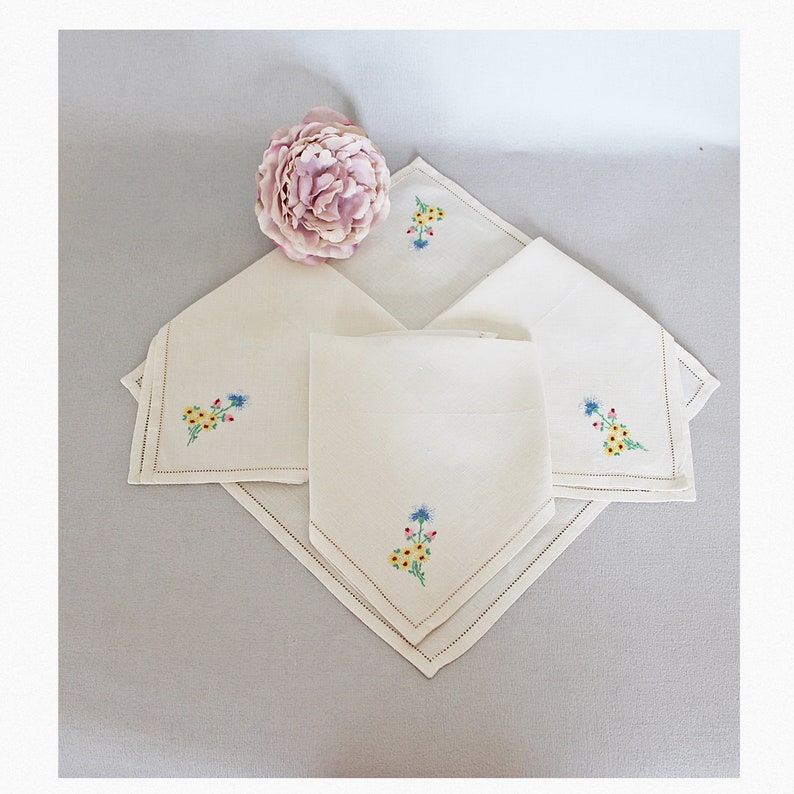 Set of four hand embroidered linen handkerchiefs image 1