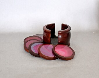 Vintage polished pink agate coasters in wood holder