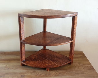 Art Deco oak two tier corner shelf. Quarter lune oak shelf