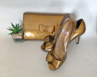 Bronze patent heeled peep toe shoes and matching bag. HB Espana size 35, size 3