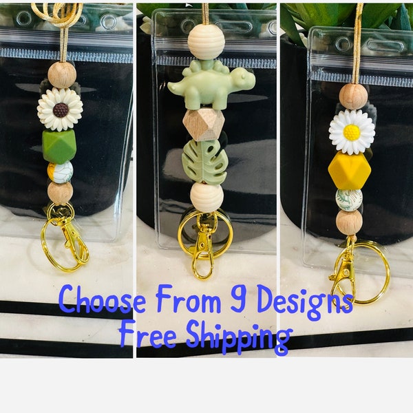 Lanyard | Necklace | ID Name Tag Badge Holder | Daisy Dinosaur Flower Rainbow | Wood, Silicone & Gold | Teacher Boho Kawaii