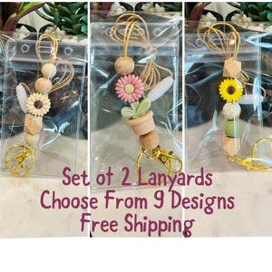 Set of 2 (Two) Lanyards | Necklace | Badge Holder | Daisy Flower Monstera Leaf Rainbow | Wood, Silicone & Gold | Teacher Boho Kawaii