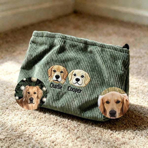 Corduroy Personalized Makeup Bag, Custom Embroidered Pet Portrait Design, Birthday Gift for Women,