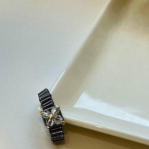 Hematite Statement Ring with Crystal Flower – Miyuki Beaded Sculptural Jewelry