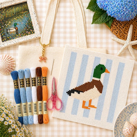 Mallard Duck Needlepoint Canvas | Preppy Coastal needlepoint  Hand-Painted Beginner Kit