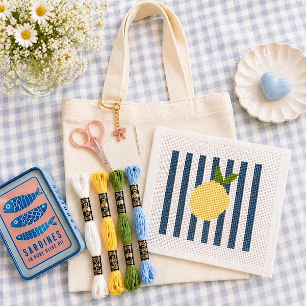 Kit de bordado a mano para principiantes con diseño de limón de verano italiano
