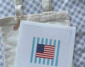 Beginners Coastal American Flag Painted Needlepoint Canvas 13 Mesh