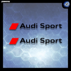 Peut inclure: Deux inscriptions "Audi Sport" en noir, chacune avec un rectangle rouge incliné. Le fond présente un motif hexagonal dans des tons bleus et gris. L'image a une esthétique de design graphique numérique.