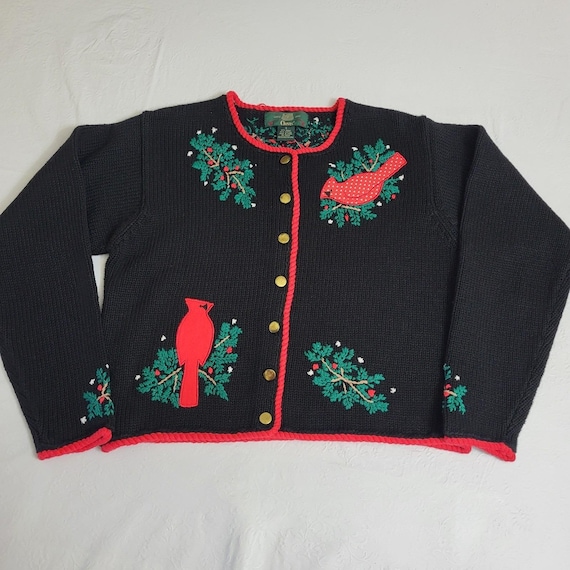 Orvis, Vtg 90s Orvis Black Cardinal Embroidered Christmas Holiday Cardigan Sweater Sz S