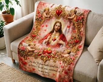 Sacred Heart of Jesus Blanket Soft Throw, Vintage French Catholic Art Throw, Baptism Gift