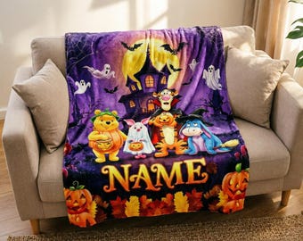 Custom Name Winnie the Pooh Halloween Throw Blanket, Soft Flannel, Spooky Characters (Personalized)