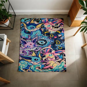 May include: A rectangular area rug featuring a vibrant, multi-colored graphic print of various stylized creatures. The design includes shades of blue, pink, purple, and yellow, with swirling water-like patterns and circular motifs throughout the surface.