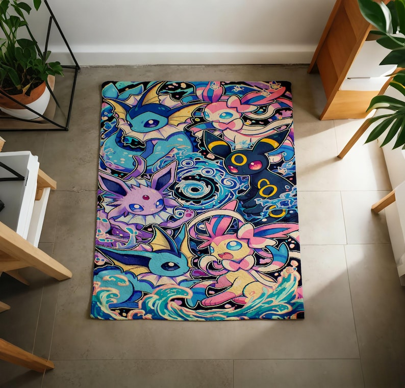 May include: A rectangular area rug featuring a vibrant, multi-colored graphic print of various stylized creatures. The design includes shades of blue, pink, purple, and yellow, with swirling water-like patterns and circular motifs throughout the surface.
