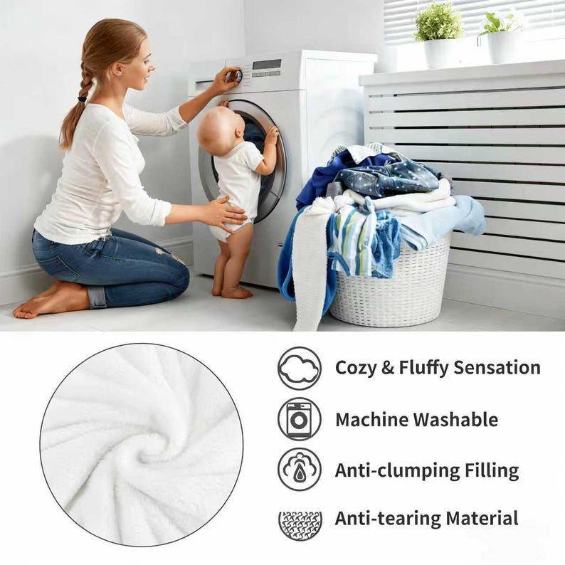 May include: A white, soft, and fluffy textile material with a textured surface. The product features include a cozy and fluffy sensation, machine washable fabric, anti-clumping filling, and anti-tearing material as indicated by the text.