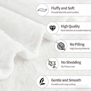 May include: A white, fluffy, and soft fabric texture with five circular icons and text labels: Fluffy and Soft, High Quality, No Pilling, No Shedding, and Gentle and Smooth. The text highlights features like neat stitches, durable material, and high density.