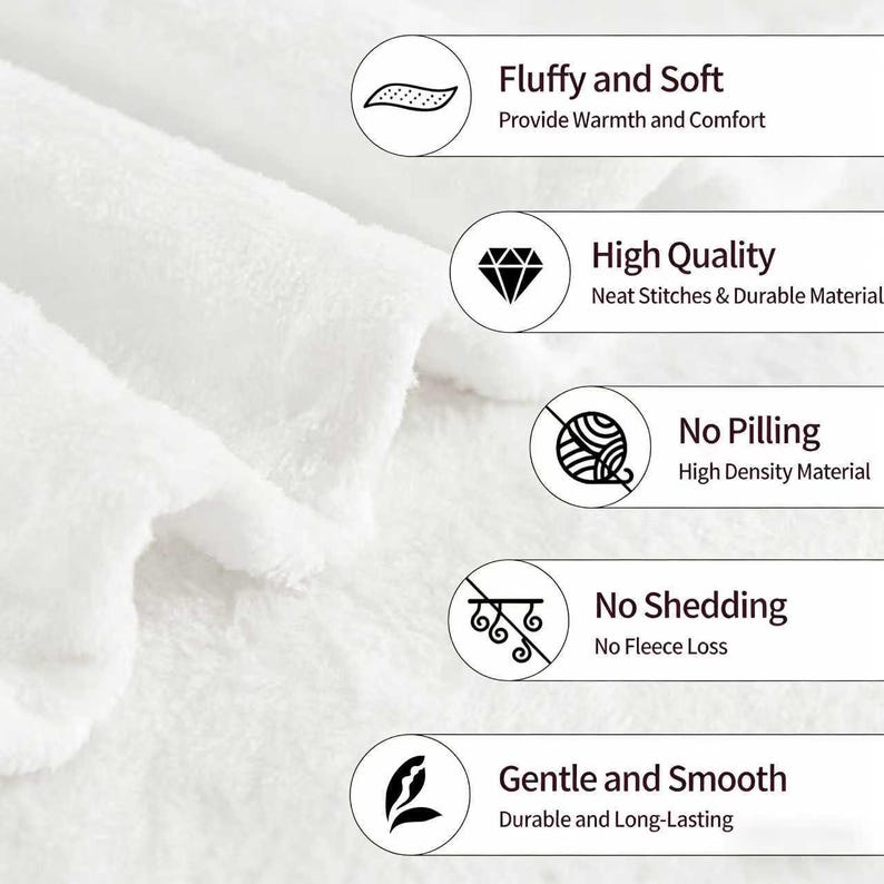 May include: A white, fluffy, and soft fabric texture with five circular icons and text labels: Fluffy and Soft, High Quality, No Pilling, No Shedding, and Gentle and Smooth. The text highlights features like neat stitches, durable material, and high density.