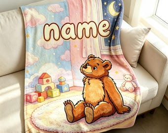 Custom Name Teddy Bear Soft Throw Blanket, Nursery Decor, Baby Gift
