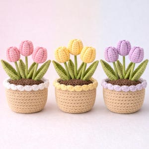 Set di schemi per vasi di fiori all'uncinetto / Mini tulipani in vaso amigurumi (download PDF)