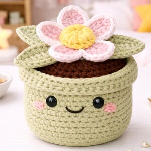 Pode incluir: Um vaso de flores de crochê com um rosto sorridente. O vaso é verde claro com um interior marrom, e uma grande flor com pétalas rosa e um centro amarelo está em cima. O vaso tem olhos de botão pretos e bochechas rosa.
