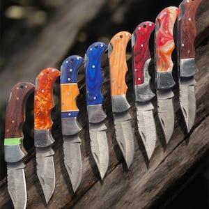 以下が含まれることがあります： 木目、オレンジ、青、赤など、さまざまなハンドルデザインと色を備えた8つのポケットナイフのコレクション。ブレードにはパターンデザインがあり、木製の表面に表示されています。
