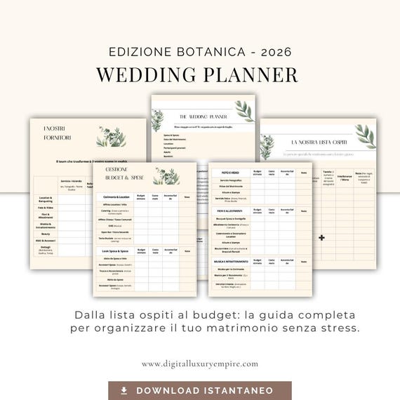 Italian Wedding Planner 2026 Digital and Printable, Botanical Wedding Planner, PDF Bridal Agenda, Budget and Guest Management