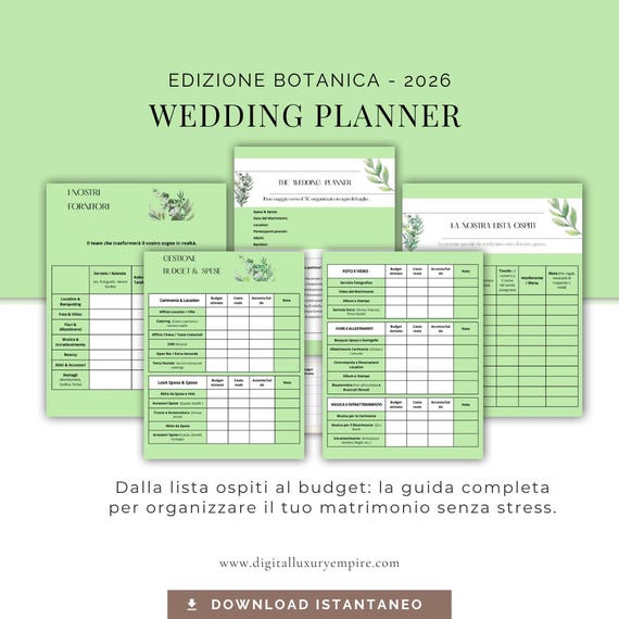 Green Wedding Planner Italian 2026 Digital and Printable, Botanical Wedding Organizer, PDF Bridal Agenda, Budget and Guest Management