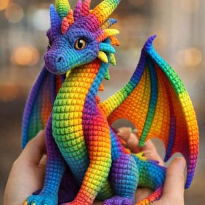 Puede incluir: Figura de dragón de ganchillo hecha a mano con colores del arcoíris. El dragón presenta un vibrante espectro de colores, incluyendo rojo, naranja, amarillo, verde, azul y morado. Tiene alas, cuernos y garras detalladas, y se sostiene en manos abiertas.