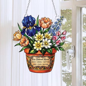 Custom Birth Flower Suncatcher, Personalized Family Names Window Hanging, Acrylic Flower Pot Decor, Gift for Mom Grandma, Spring Garden Gift