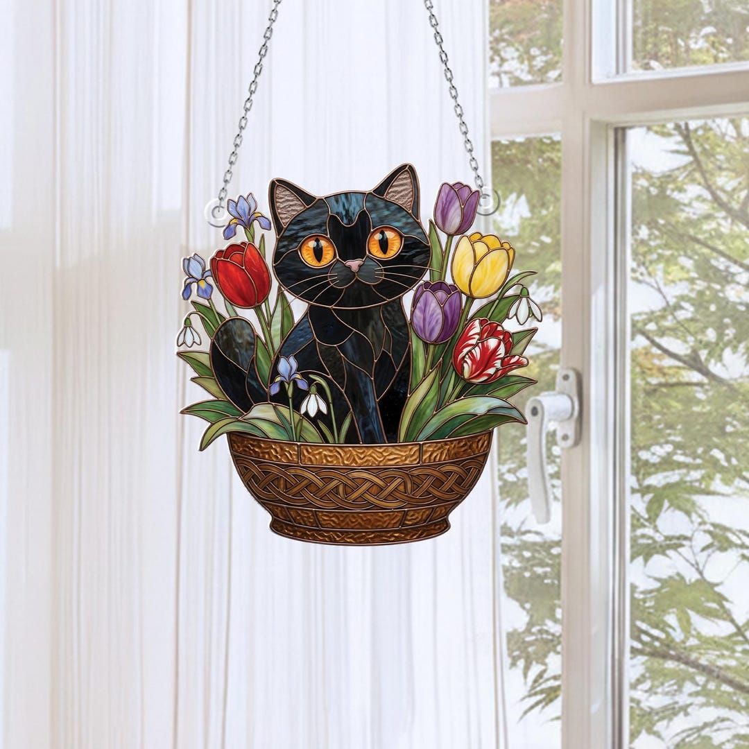Black Cat Floral Acrylic Suncatcher, Stained Glass Style Window Hanging ...