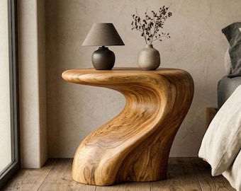 Handmade Organic Curved Wood Side Table, Sculptural Solid Wood Nightstand, Unique End Table